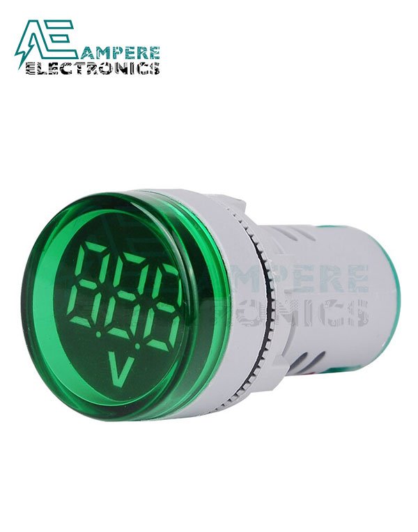 Round Digital Voltmeter 60-500Vac - 22mm - Green, 3 Digit